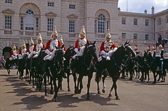 ENGLAND, London, "Whitehall, horse guards on horses, changing of the guard, Horse Guards Parade."
