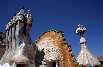 SPAIN, Catalonia, Barcelona, "Passeig de Gracia, Casa Batllo, Ornate chimneys, Dragon's back roof