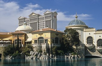 USA, Nevada, Las Vegas, "Caesars Palace Hotel and Casino, across lake in front of the Bellagio."