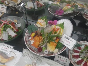 JAPAN, Honshu, Tokyo, Ginza - plastic food in dsiplay case outside restaurant