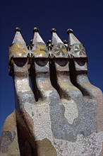 SPAIN, Catalonia, Barcelona, "Passeig de Gracia, Casa Batllo, Ornate chimneys. Gaudi"