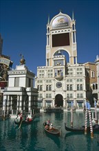 USA, Nevada, Las Vegas, "Venetian Hotel and Casino, gondolas on lake."