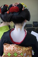 JAPAN, Honshu, Kyoto, Gion District.  Back of Geisha attending a class at Mia Garatso school for
