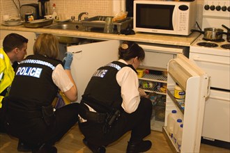 LAW and ORDER, Police, Drugs Raid, Police searching kitchen of residential home during drugs bust.