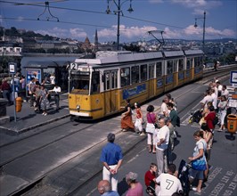 HUNGARY, Budapest, Electric yellow tram and groups of people gathered at tram stop