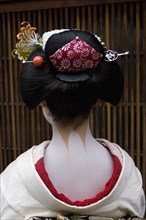 JAPAN, Honshu, Kyoto, "Gion District.  Head and shoulders of Geisha, photographed with back to