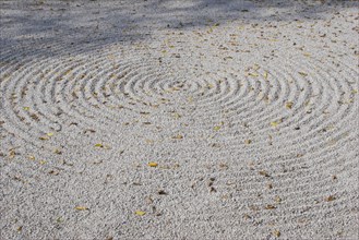 JAPAN, Honshu, Kyoto, Zen sand garden made by monks at a Zen Buddhist temple.  Circular pattern