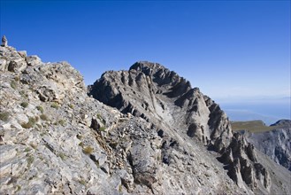 GREECE, Macedonia, Pieria, "View of  highest peak of Mount Olympus called Mytikas.  Eroded rocks