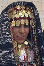 TUNISIA, Sahara, Tozeur, "Head and shoulders portrait of Tunisian bride wearing traditional dress,