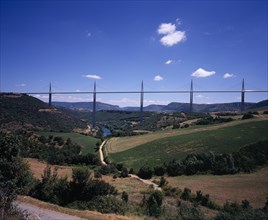 FRANCE, Midi-Pyrenees, Aveyron, Millau bridge which spans the Tarn River Valley and carries the A75