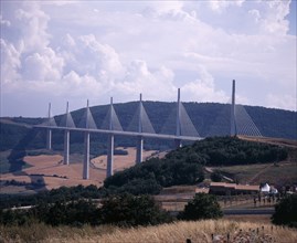 FRANCE, Midi-Pyrenees, Aveyron, Millau bridge which spans the Tarn River Valley and carries the A75