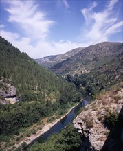 FRANCE, Midi-Pyrenees, Aveyron, "Tarn Gorge.  View west along gorge and river near Village of