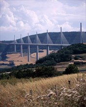 FRANCE, Midi Pyrenees, Aveyron, North end of the Millau bridge crossing the Tarn Valley carrying