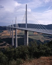 FRANCE, Midi Pyrenees, Aveyron, North end of the Millau bridge crossing the Tarn Valley carrying