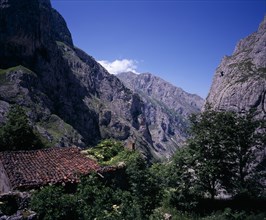 SPAIN, Asturias, Picos de Europa, "View north down Arroyo del Tejo Valley from Bulnes El Castillo