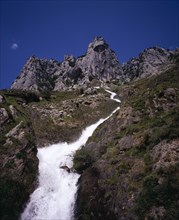 SPAIN, Asturias, Picos de Europa, "Artificial waterfall, overflow from Canal de Poncebos which