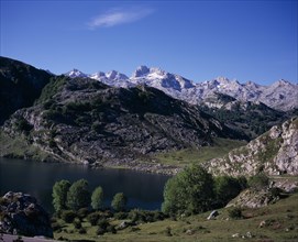SPAIN, Asturias, Picos de Europa, Cornian mountain group also known as the Western Massif.  View
