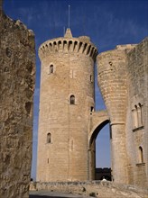 SPAIN, Balearic Islands, Mallorca, Palma.  Circular defence tower and bridge of fourteenth century