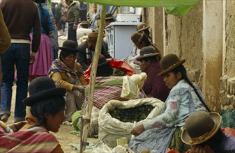 BOLIVIA, Pocata, Men and women with coca leaves for sale at market