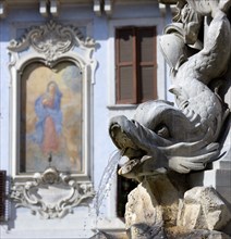 ITALY, Lazio, Rome, Detail of a dolphin on the Fountain of Piazza Della Rotonda by Giacomo Della