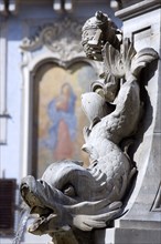 ITALY, Lazio, Rome, Detail of a dolphin on the Fountain of Piazza Della Rotonda by Giacomo Della