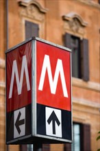 ITALY, Lazio, Rome, Red and white metro underground sign in Ottaviano station
