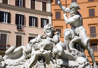 ITALY, Lazio, Rome, The Fountain of Neptune or Fontana del Nettuno in the Piazza Navona with the