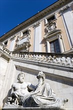 ITALY, Lazio, Rome, Palazzo Senatorio on the Capitol with a staircase by Michelangelo and a statue