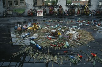 RUSSIA, South, Beslan, "Tributes left in school destroyed during 2004 siege by Chechen rebels