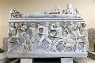ITALY, Lazio, Rome, Capitoline Museum Palazzo Dei Conservatore A marble sarcophagus depicting the