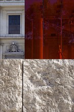 ITALY, Lazio, Rome, A red perspex cube part of a Valentino fashion exhibition behind a stone wall