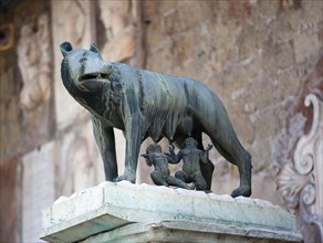ITALY, Lazio, Rome, Bronze statue of Romulus and Remus feeding from the she wolf beside the Palazzo