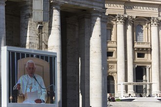 ITALY, Lazio, Rome,  Vatican City Pope Benedict XVI Joseph Alois Radzinger seen on a large video TV