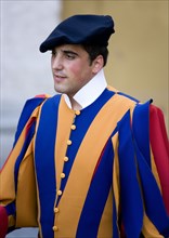 ITALY, Lazio, Rome, Vatican City Portrait of a Swiss Guard in full ceremonial unifrom dress