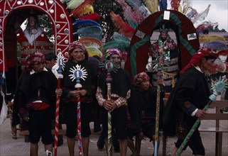 GUATEMALA, El Quiche, Chiche, Quiche Indian Cofradia brotherhood in ceremonial dress