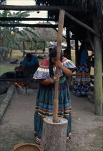 USA, Florida, Everglades, Independent Seminole Native American village. Woman pounding corn wearing