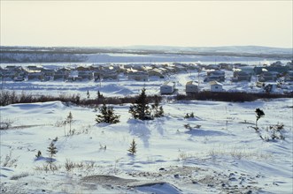 CANADA, Quebec, ?, The Great Whale settlement. Cree indigenous housing amongst heavy snow cover in