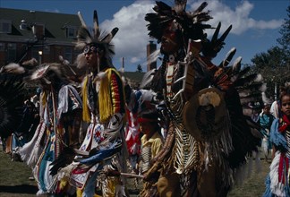 CANADA, Alberta, Edmonton, Blackfoot and Hobema Native American Indians wearing tribal dress at Pow