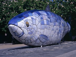 IRELAND, North, Belfast, "Lagan Weir.  Big Fish Sculpture, angled view."