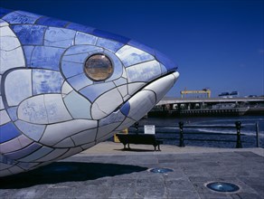 IRELAND, North, Belfast, "Lagan Weir.  Big Fish Sculpture, part view of head."
