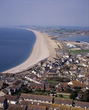 ENGLAND, Dorset, Portland, Elevated view over Chesil Beach from cliff path above town of