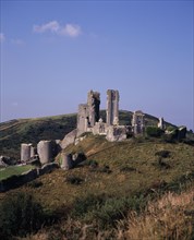 ENGLAND, Dorset, Corfe, The ruin of Corfe Castle viewed from East Hill