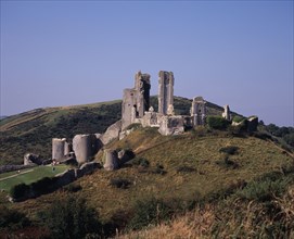 ENGLAND, Dorset, Corfe, The ruin of Corfe Castle viewed from East Hill