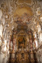 GERMANY, Bavaria, Wieskirche, "Baroque church, interior view of main altar and ornately painted