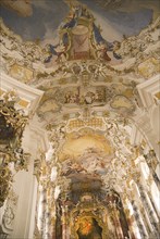 GERMANY, Bavaria, Wieskirche, "Baroque church, interior view of ornamentation and frescos above
