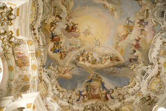 GERMANY, Bavaria, Wieskirche, "Baroque church, interior view of ornamentation and frescoes painted