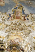 GERMANY, Bavaria, Wieskirche, "Baroque church, interior view of ornamentation and frescoes painted