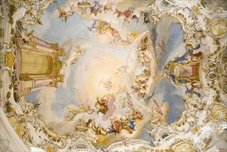 GERMANY, Bavaria, Wieskirche, "Baroque church, interior view of the entire ceiling looking straight