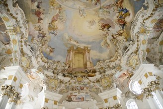 GERMANY, Bavaria, Wieskirche, "Baroque church, interior view of frescoes on rear end of the ceiling