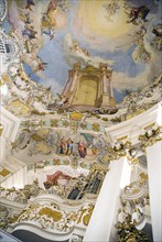 GERMANY, Bavaria, Wieskirche, "Baroque church, interior view of the church organ and frescoes on